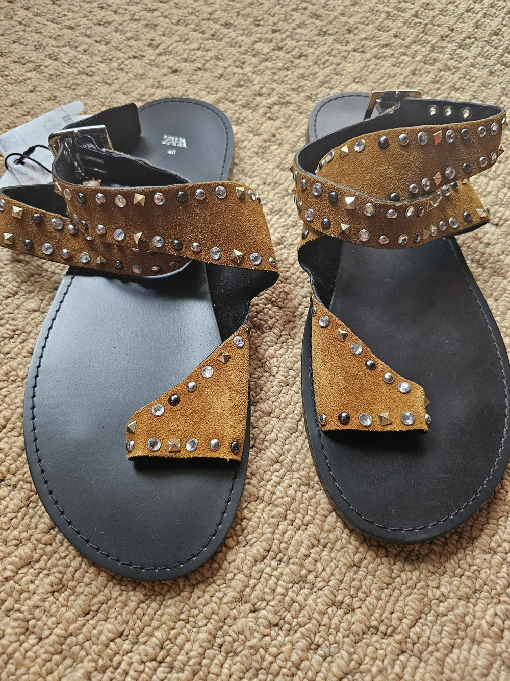 Zara Mustard Suede Studded Flat Sandals